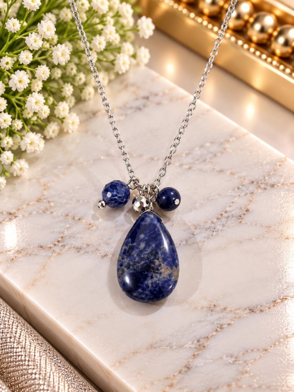 Blue Teardrop Pendant Necklace Silver Tone Beaded Statement - Women Jewelry